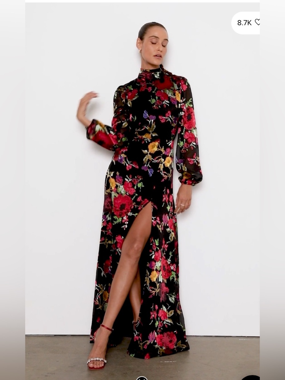 Lulu's Floral Burnout Backless High-Slit Maxi Dress with Red & Gold Blooms. XXL